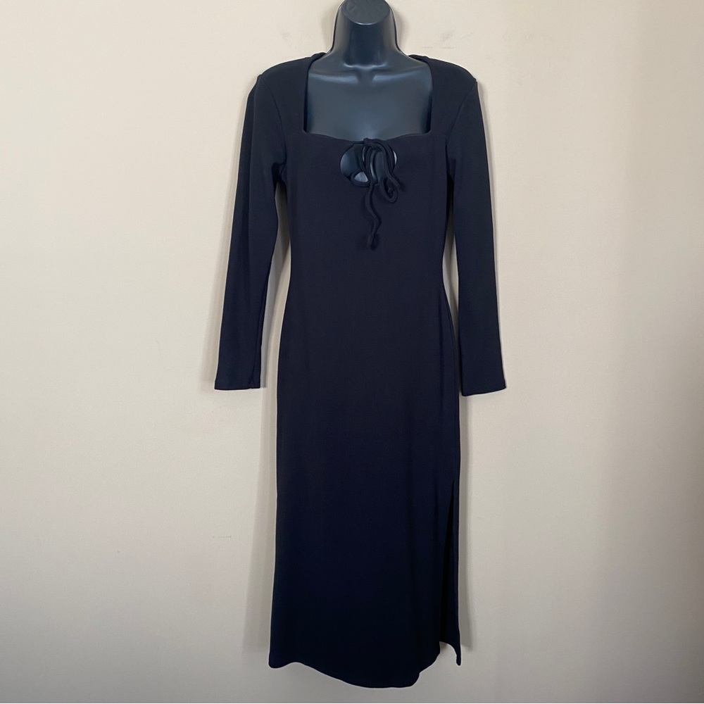 Topshop Black Ribbed Long Sleeve Midi Dress
